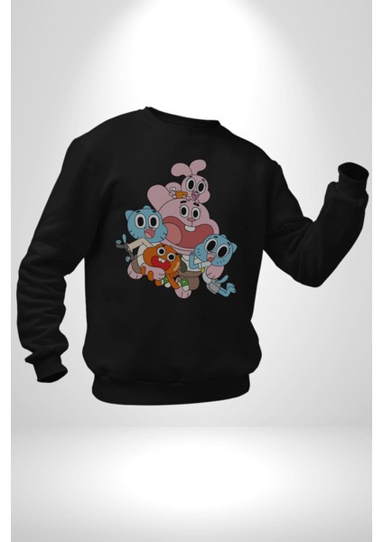 Gumbal Watteron Ailesi Kadın Erkek Siyah Baskılı Sweatshirt