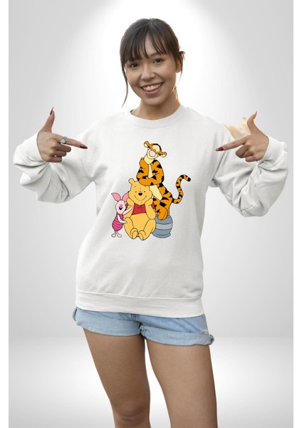 Winnie The Pooh Piglet Tiger Kadın Erkek Beyaz Sweatshirt