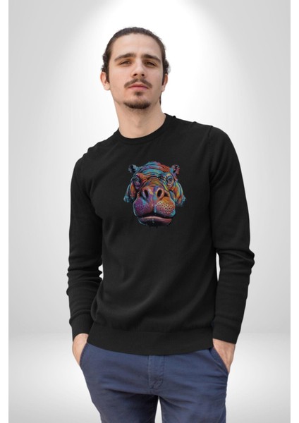 Su Aygırı Hipopotamo Renkli Kadın Erkek Siyah Baskılı Sweatshirt