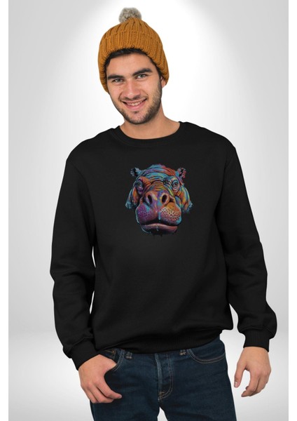 Su Aygırı Hipopotamo Renkli Kadın Erkek Siyah Baskılı Sweatshirt