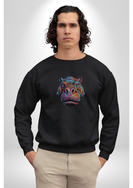 Su Aygırı Hipopotamo Renkli Kadın Erkek Siyah Baskılı Sweatshirt