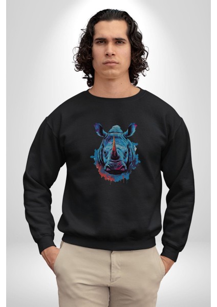 Su Aygırı Hipopotamo Renkli Kadın Erkek Siyah Baskılı Sweatshirt