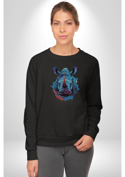 Su Aygırı Hipopotamo Renkli Kadın Erkek Siyah Baskılı Sweatshirt