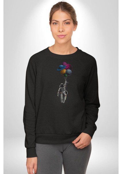 Gezegenler Balon Astronot Yükselişi Kadın Erkek Siyah Baskılı Sweatshirt