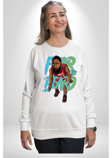 Sakaldan Korkmak Yazılı Basketbol James Harden Star Kadın Erkek Beyaz Sweatshirt