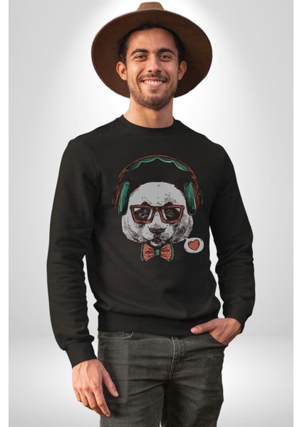 Kulaklıklı Hipster Portre Panda Kadın Erkek Siyah Baskılı Sweatshirt