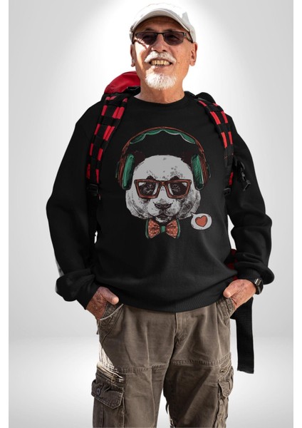 Kulaklıklı Hipster Portre Panda Kadın Erkek Siyah Baskılı Sweatshirt
