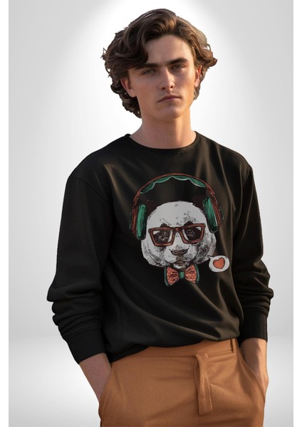 Kulaklıklı Hipster Portre Panda Kadın Erkek Siyah Baskılı Sweatshirt