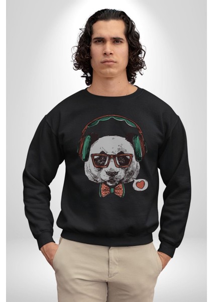Kulaklıklı Hipster Portre Panda Kadın Erkek Siyah Baskılı Sweatshirt