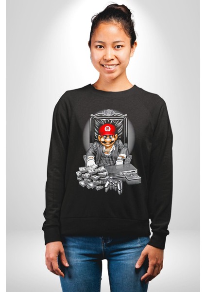 Super Mario Cizgi Film Oyun Mafya Kadın Erkek Siyah Sweatshirt