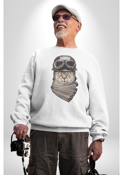 Kasket Bandana Motorcu Kedi Kadın Erkek Beyaz Baskılı Sweatshirt