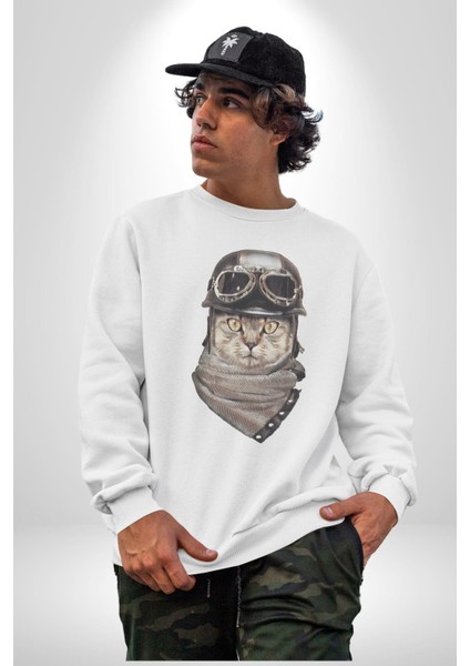 Kasket Bandana Motorcu Kedi Kadın Erkek Beyaz Baskılı Sweatshirt fiyatları