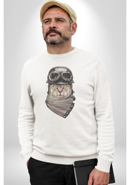 Kasket Bandana Motorcu Kedi Kadın Erkek Beyaz Baskılı Sweatshirt indirimleri