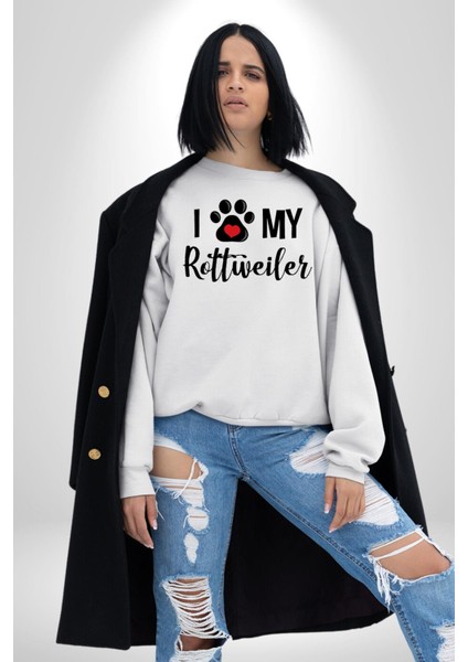 Köpek Sevgisi Rottweiler Kadın Erkek Beyaz Sweatshirt