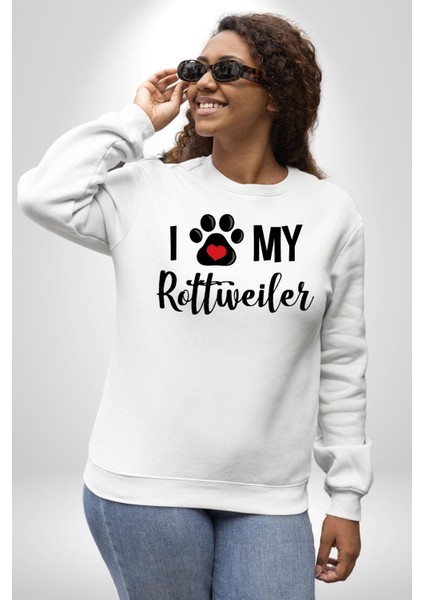Köpek Sevgisi Rottweiler Kadın Erkek Beyaz Sweatshirt fırsatları