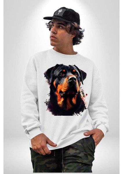 Sulu Boya Rottweiler Kadın Erkek Beyaz Sweatshirt