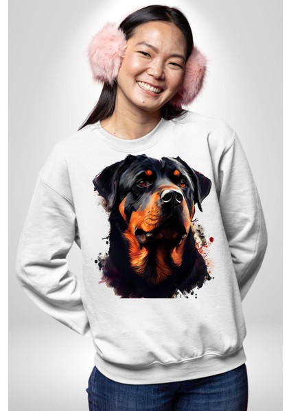 Sulu Boya Rottweiler Kadın Erkek Beyaz Sweatshirt modelleri