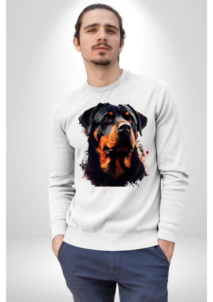Sulu Boya Rottweiler Kadın Erkek Beyaz Sweatshirt fırsatları