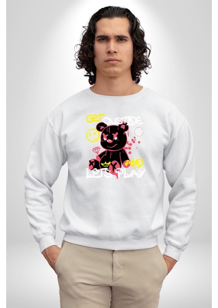 Dışarı Çık ve Oynayalım Teddy Kadın Erkek Beyaz Sweatshirt