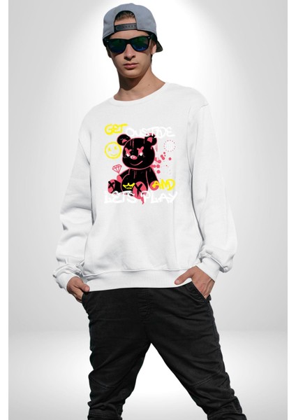 Dışarı Çık ve Oynayalım Teddy Kadın Erkek Beyaz Sweatshirt fırsatları