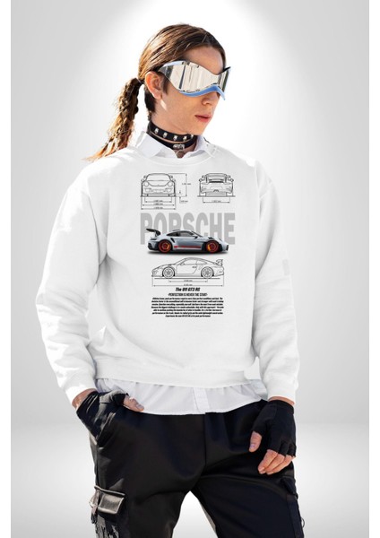 Porche 911GT3 Rs Yarış Araba Kadın Erkek Beyaz Sweatshirt