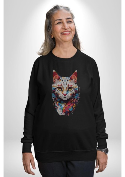 Renki Kedi Sarı Gözlü Tekir Kadın Erkek Siyah Baskılı Sweatshirt