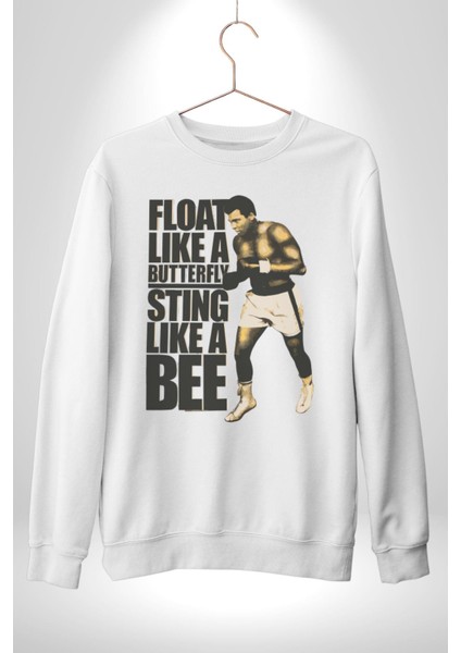 Kelebek Gibi Uçar Arı Gibi Sokarım Ali Boks Kadın Erkek Beyaz Sweatshirt