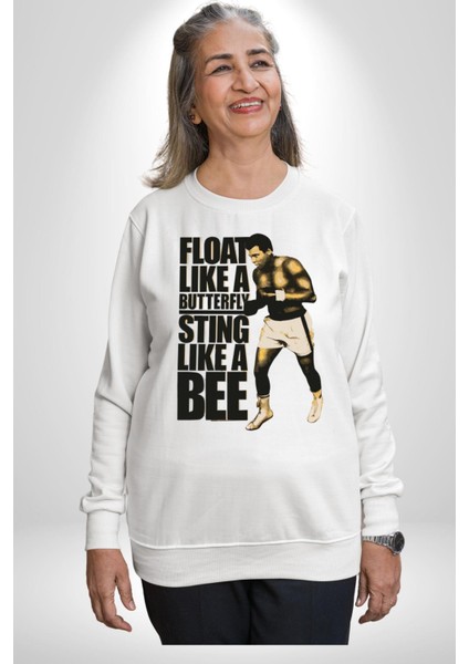 Kelebek Gibi Uçar Arı Gibi Sokarım Ali Boks Kadın Erkek Beyaz Sweatshirt