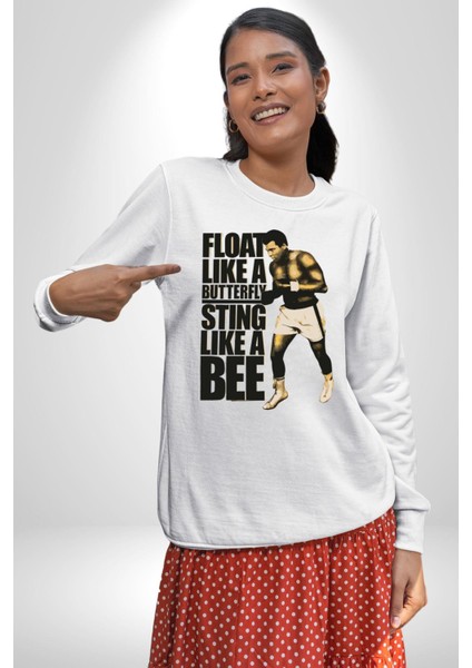 Kelebek Gibi Uçar Arı Gibi Sokarım Ali Boks Kadın Erkek Beyaz Sweatshirt