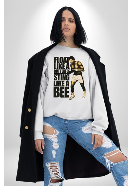 Kelebek Gibi Uçar Arı Gibi Sokarım Ali Boks Kadın Erkek Beyaz Sweatshirt
