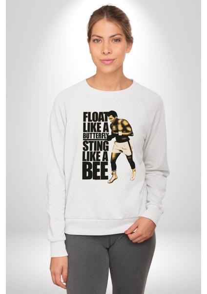 Kelebek Gibi Uçar Arı Gibi Sokarım Ali Boks Kadın Erkek Beyaz Sweatshirt