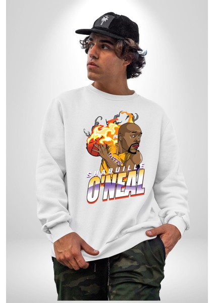 Basketbol Shaquille Oneal Star Ateş Topu Kadın Erkek Beyaz Sweatshirt
