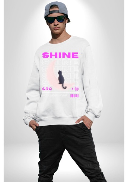 Parlayan Siyah Kedi Kadın Erkek Beyaz Sweatshirt