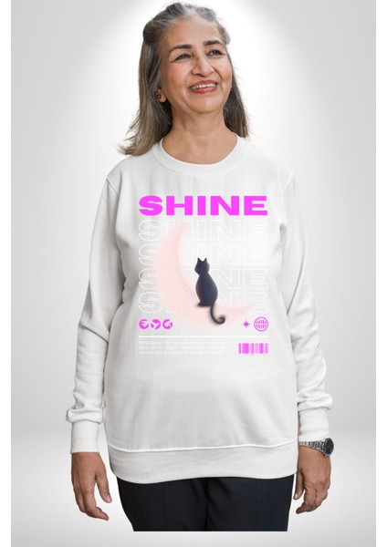 Parlayan Siyah Kedi Kadın Erkek Beyaz Sweatshirt modelleri
