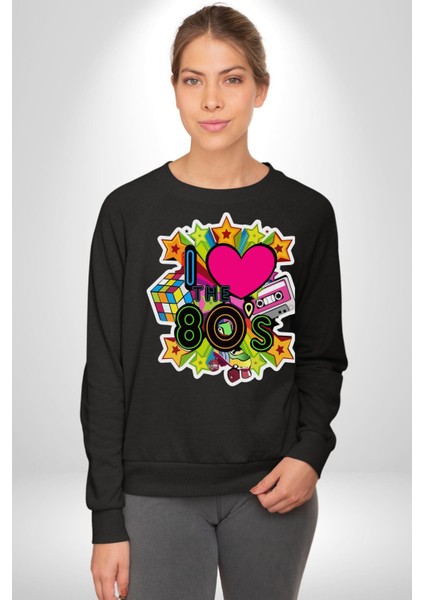80LERI Seviyorum Kaset ve Özel Hediye Kadın Erkek Siyah Sweatshirt