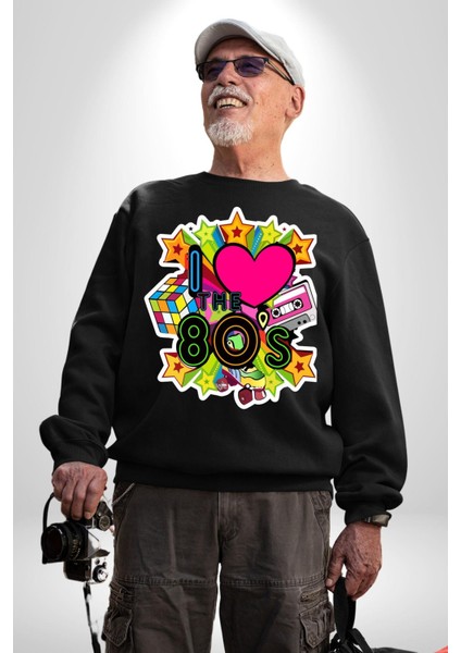 80LERI Seviyorum Kaset ve Özel Hediye Kadın Erkek Siyah Sweatshirt