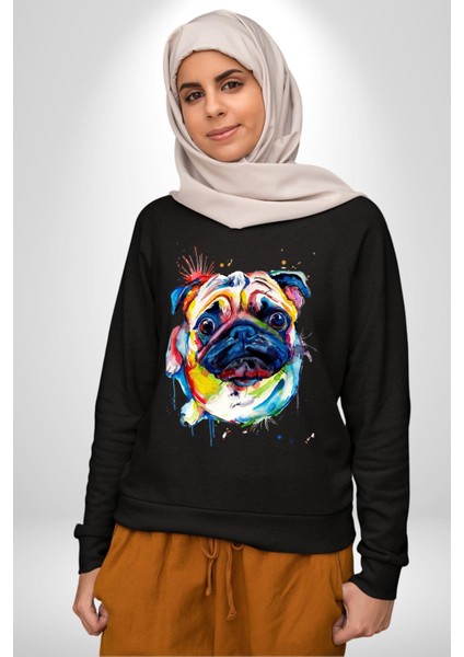 Sulu Boya Pug Köpek Kadın Erkek Siyah Sweatshirt