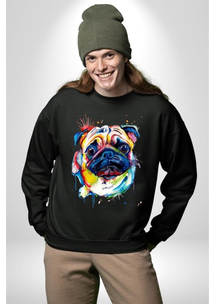 Sulu Boya Pug Köpek Kadın Erkek Siyah Sweatshirt fiyatları