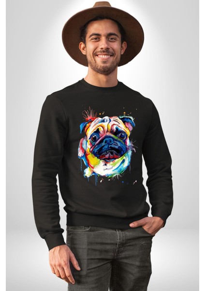 Sulu Boya Pug Köpek Kadın Erkek Siyah Sweatshirt fırsatları