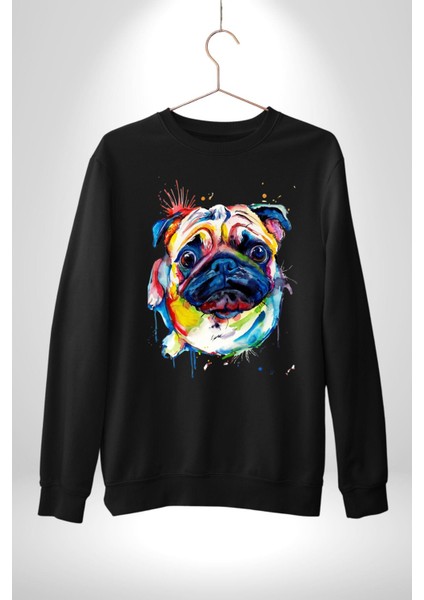 Sulu Boya Pug Köpek Kadın Erkek Siyah Sweatshirt indirimleri