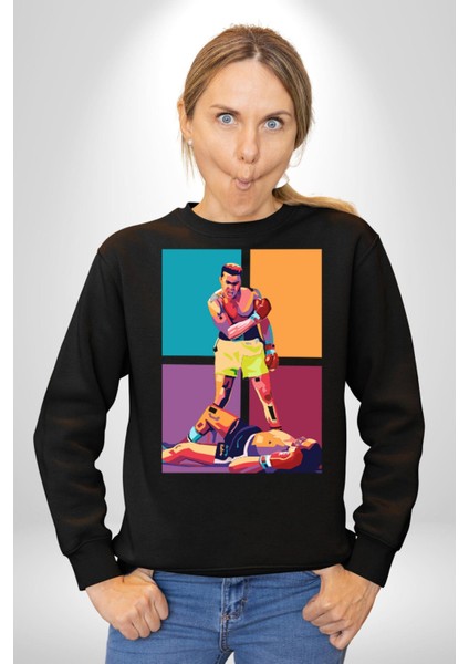 Muhammed Ali Boks Ayağa Kalk ve Dövüş Kadın Erkek Siyah Sweatshirt