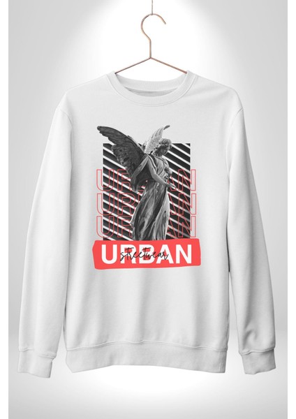 Şehir Sokak Stili Melek Heykeli Kadın Erkek Beyaz Sweatshirt