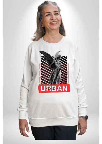 Şehir Sokak Stili Melek Heykeli Kadın Erkek Beyaz Sweatshirt