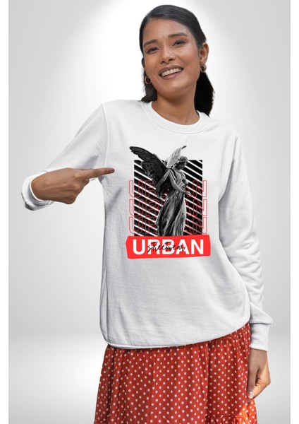 Şehir Sokak Stili Melek Heykeli Kadın Erkek Beyaz Sweatshirt