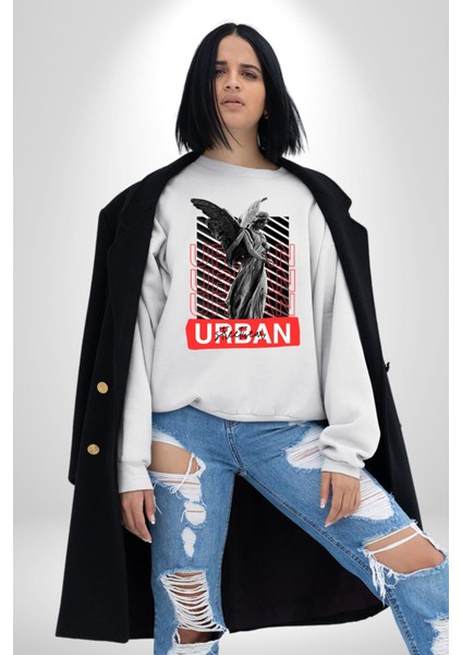 Şehir Sokak Stili Melek Heykeli Kadın Erkek Beyaz Sweatshirt