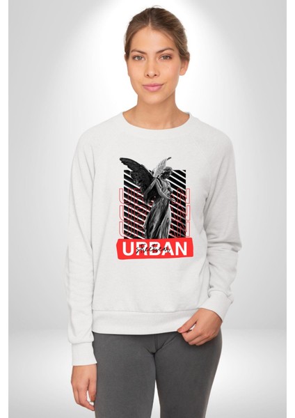 Şehir Sokak Stili Melek Heykeli Kadın Erkek Beyaz Sweatshirt