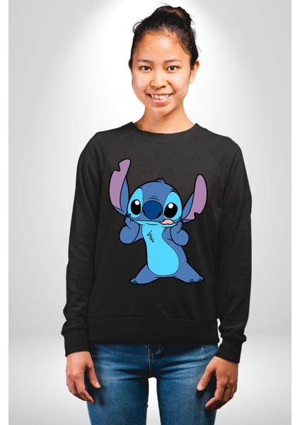 Lilo And Stitch Çizgi Film Animasyon  Kadın Erkek Siyah Sweatshirt