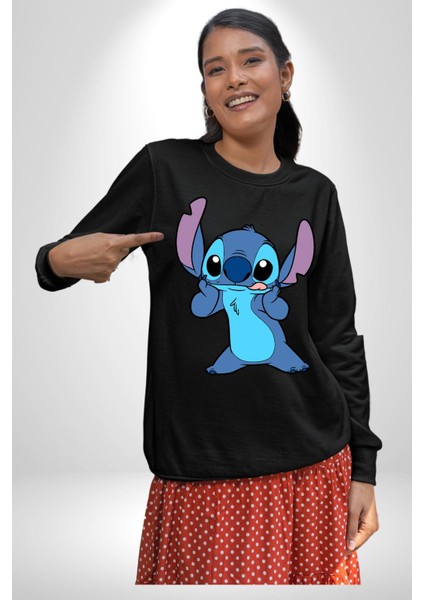 Lilo And Stitch Çizgi Film Animasyon  Kadın Erkek Siyah Sweatshirt