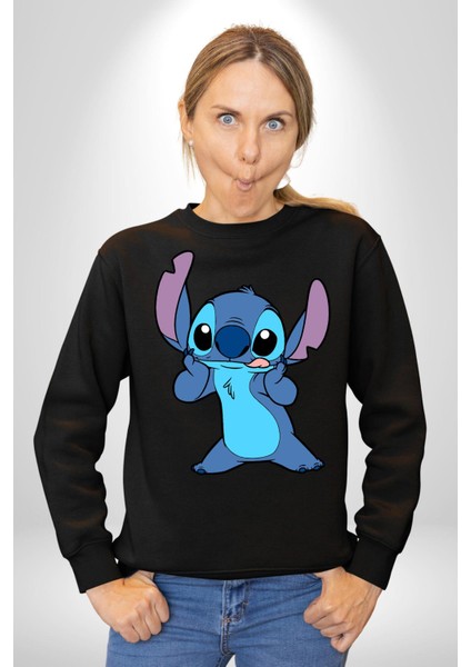 Lilo And Stitch Çizgi Film Animasyon  Kadın Erkek Siyah Sweatshirt