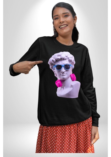 Kulaklık Gözlük Pop Art Heykel Kadın Erkek Siyah Sweatshirt